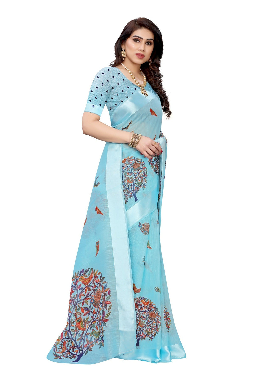 Vamika Linen Satin Border Sky Blue Bollywood Style Saree - Distacart