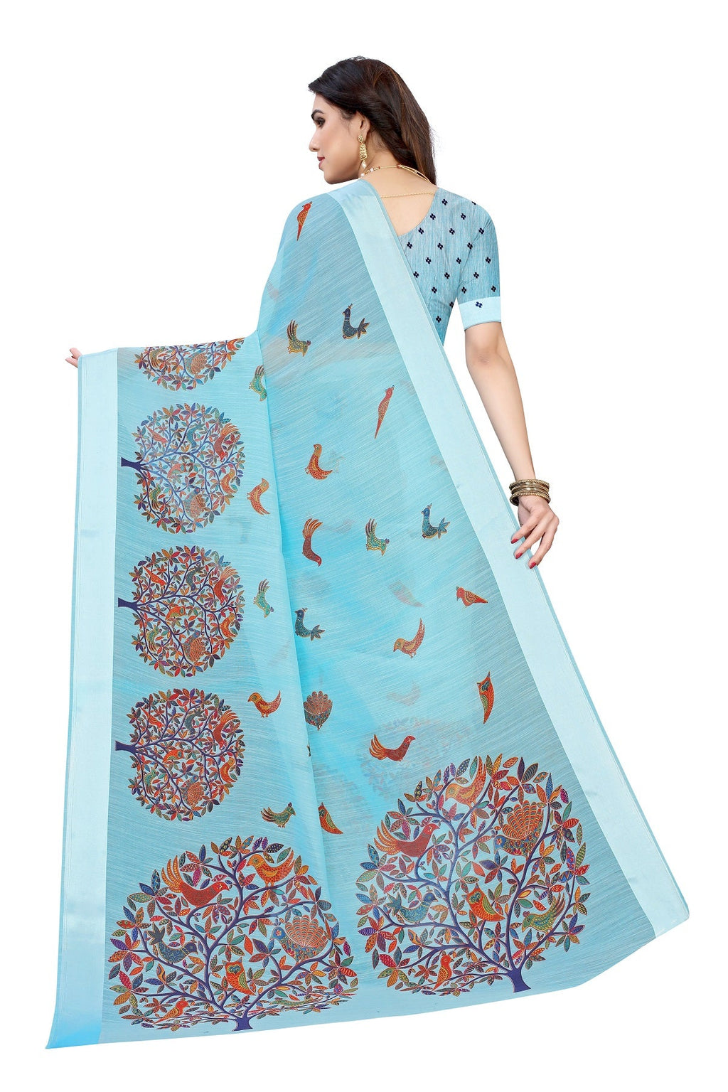Vamika Linen Satin Border Sky Blue Bollywood Style Saree - Distacart