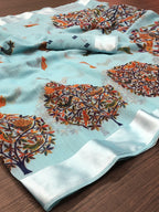 Vamika Linen Satin Border Sky Blue Bollywood Style Saree - Distacart