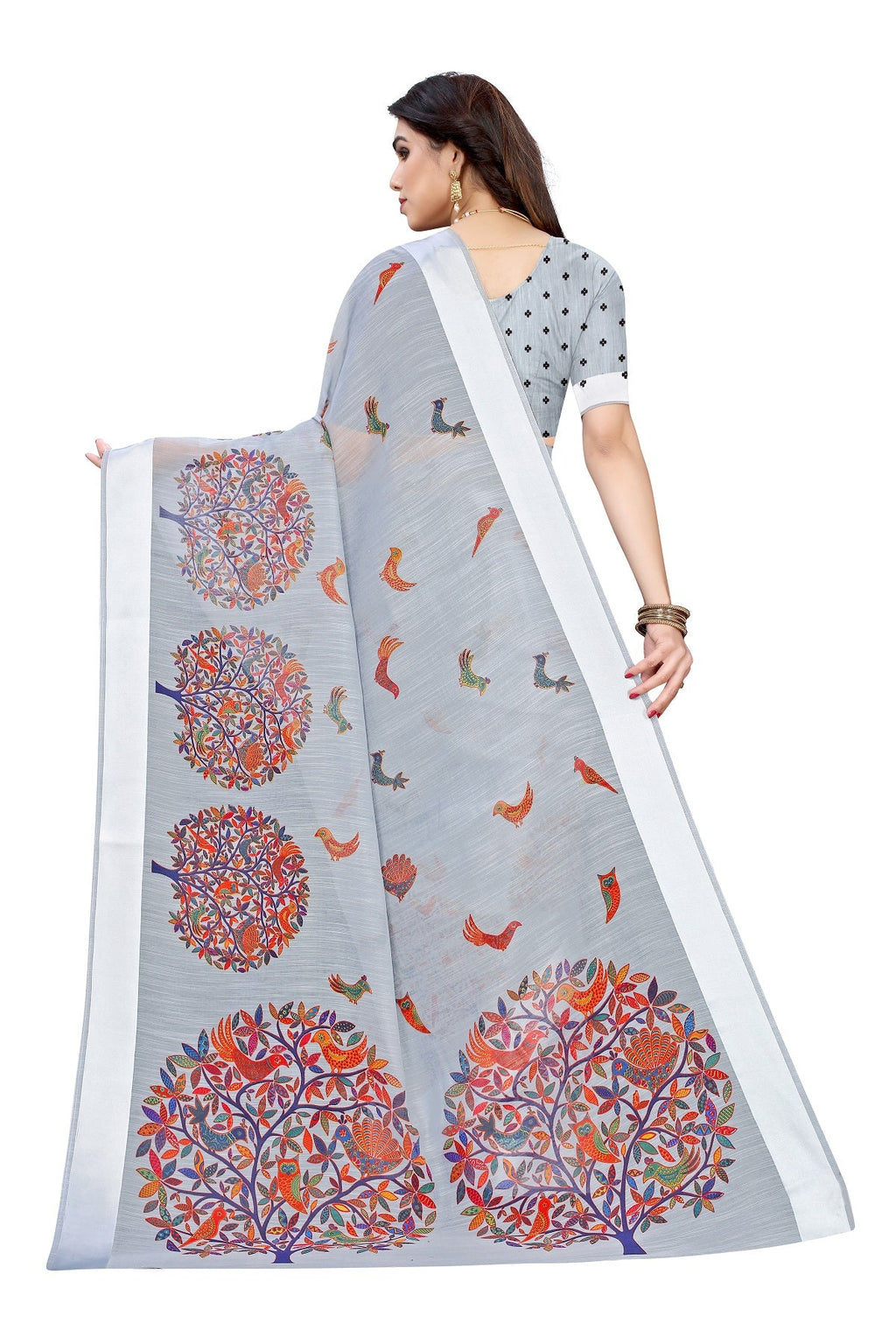 Vamika Linen Satin Border Grey Bollywood Style Saree - Distacart