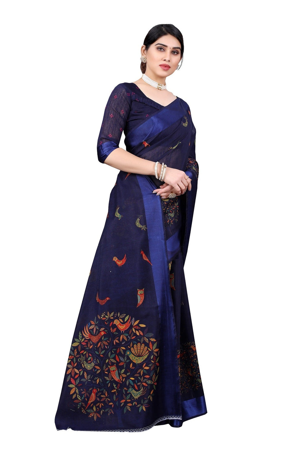 Vamika Linen Satin Border Navy Bollywood Style Saree - Distacart