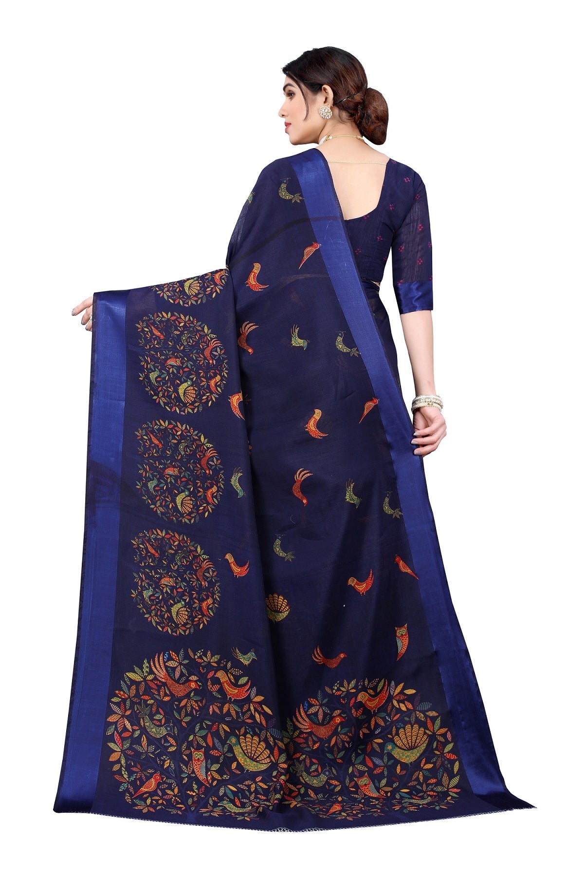 Vamika Linen Satin Border Navy Bollywood Style Saree - Distacart