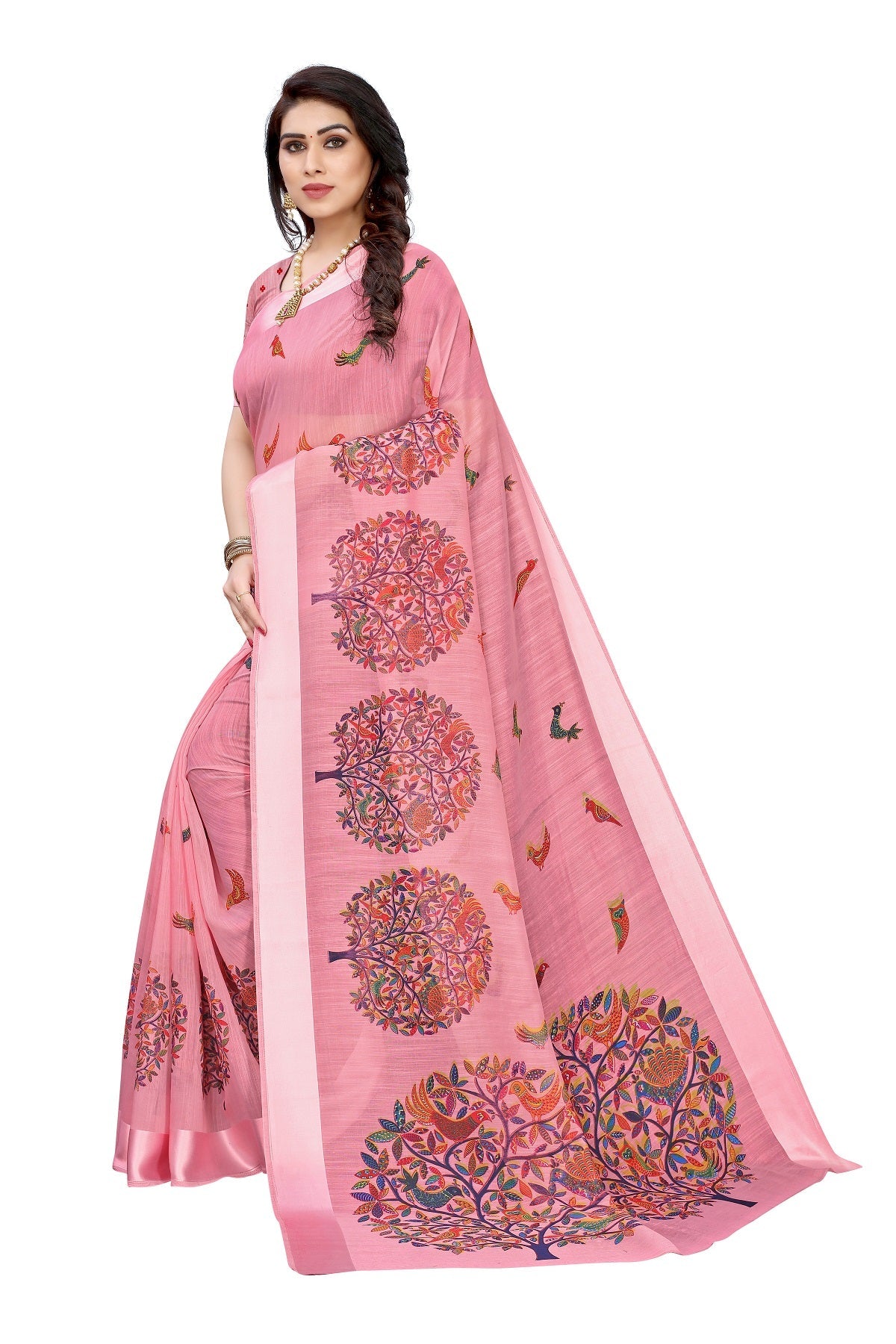 Vamika Linen Satin Border Peach Bollywood Style Saree