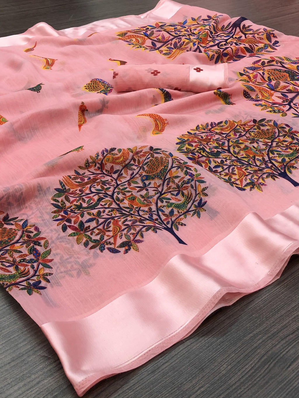 Vamika Linen Satin Border Peach Bollywood Style Saree