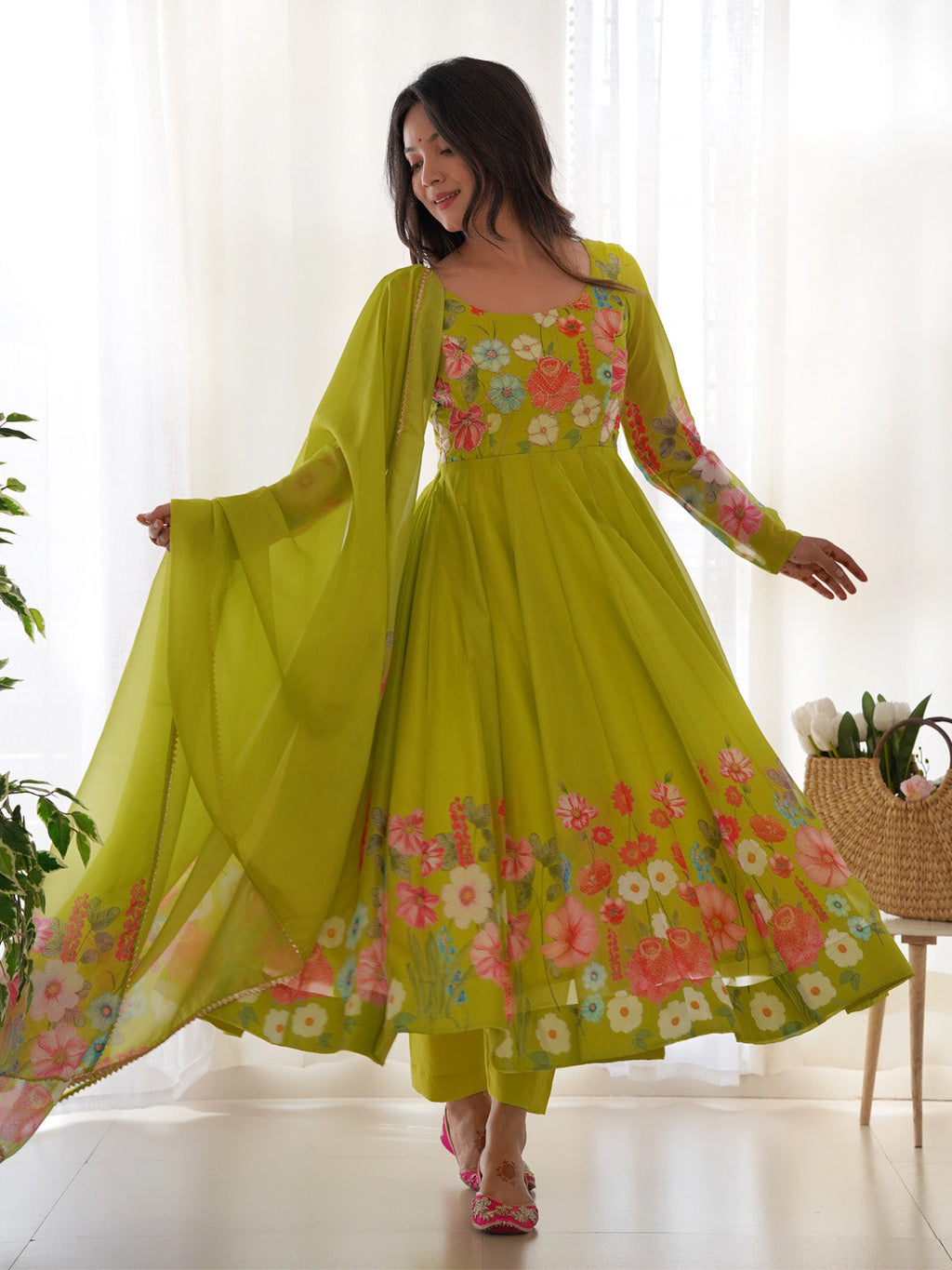 Evanik Parrot Soft Organza Silk With Floral Print Fully Flared Anarkali Pant With Dupatta Set
