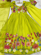 Evanik Parrot Soft Organza Silk With Floral Print Fully Flared Anarkali Pant With Dupatta Set
