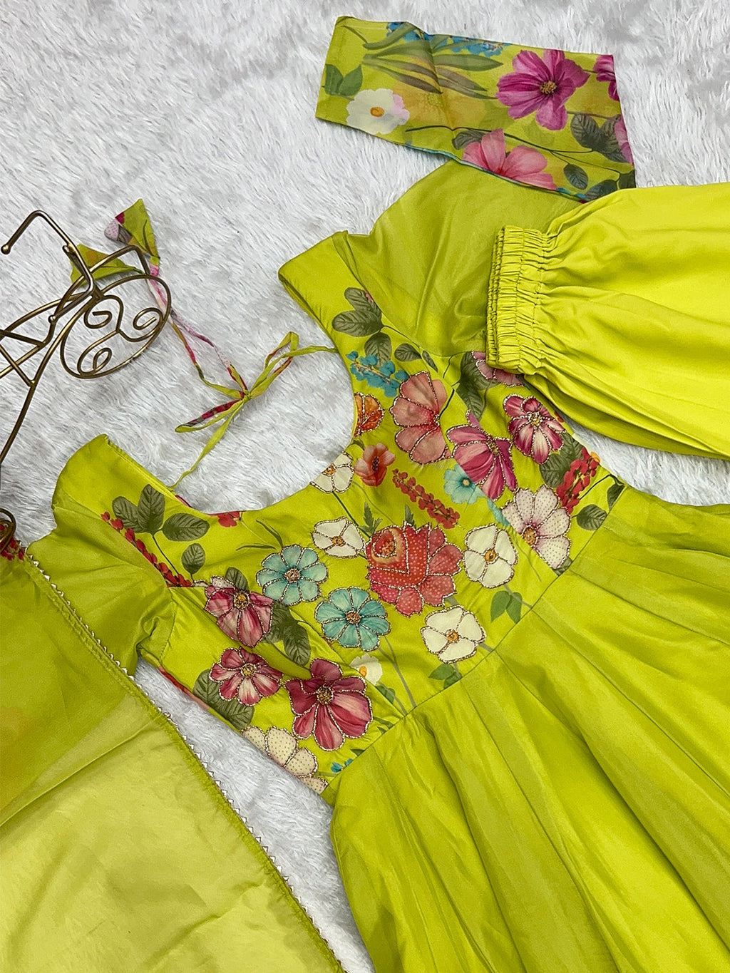 Evanik Parrot Soft Organza Silk With Floral Print Fully Flared Anarkali Pant With Dupatta Set