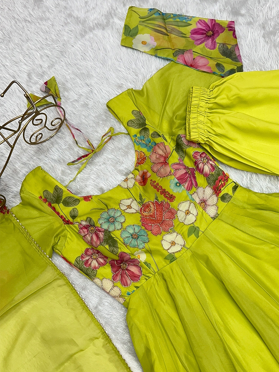 Evanik Parrot Soft Organza Silk With Floral Print Fully Flared Anarkali Pant With Dupatta Set