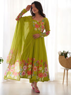 Evanik Parrot Soft Organza Silk With Floral Print Fully Flared Anarkali Pant With Dupatta Set