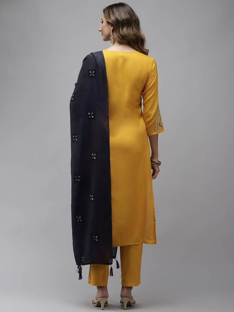 Yufta Women Yellow Floral Embroidered Regular Kurta with Palazzo & With Dupatta