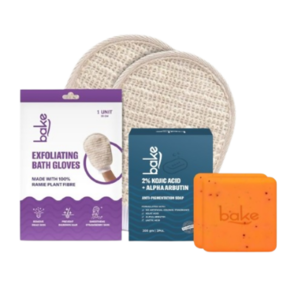 Bake Tan Removal Exfoliating Bath Kit - 100% Ramie Plant Fibre Gloves + Kojic Acid Soap (2 Pcs) with Scrub Treatment