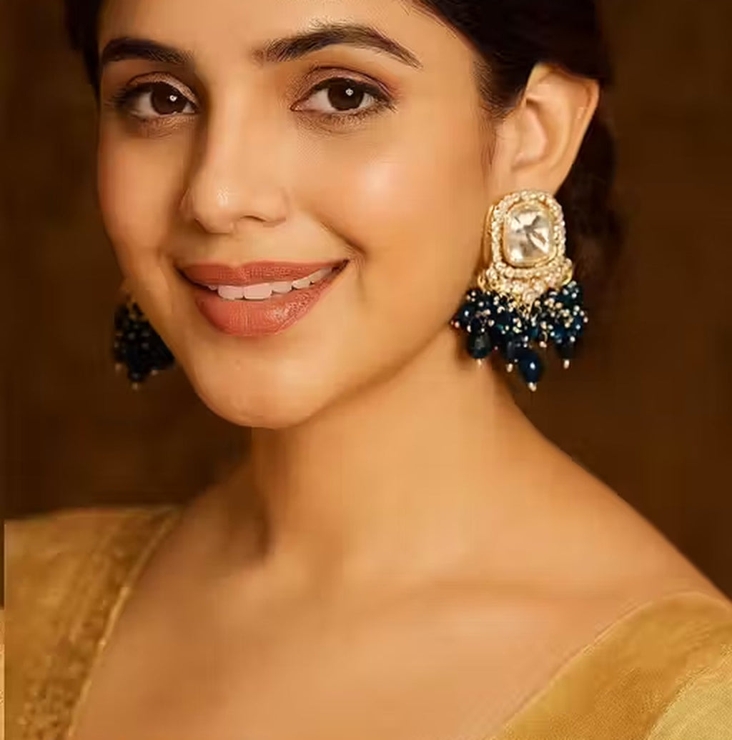 Jewel City Traditional Gold-Plated Kundan Earrings with Blue Beads – Handcrafted Ethnic Dangler Jewelry – Wedding & Party Wear - Distacart