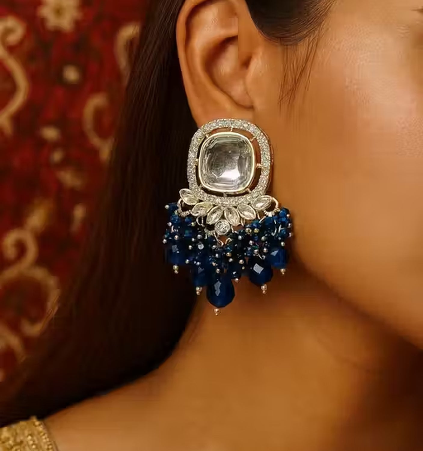 Jewel City Traditional Gold-Plated Kundan Earrings with Blue Beads – Handcrafted Ethnic Dangler Jewelry – Wedding & Party Wear - Distacart