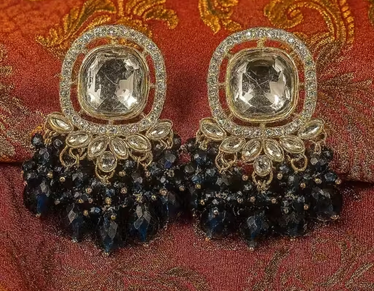 Jewel City Traditional Gold-Plated Kundan Earrings with Blue Beads – Handcrafted Ethnic Dangler Jewelry – Wedding & Party Wear - Distacart