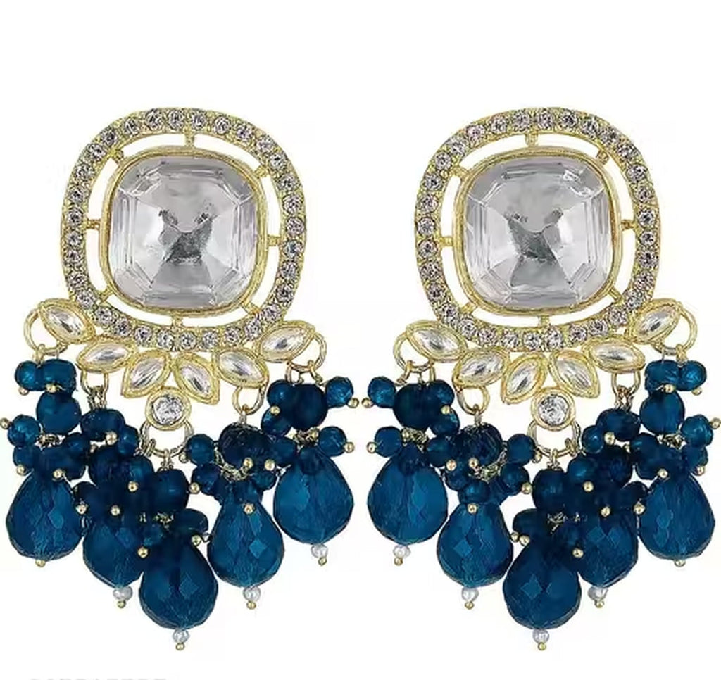 Jewel City Traditional Gold-Plated Kundan Earrings with Blue Beads – Handcrafted Ethnic Dangler Jewelry – Wedding & Party Wear - Distacart