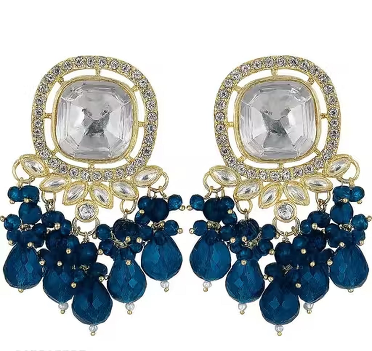 Jewel City Traditional Gold-Plated Kundan Earrings with Blue Beads – Handcrafted Ethnic Dangler Jewelry – Wedding & Party Wear - Distacart