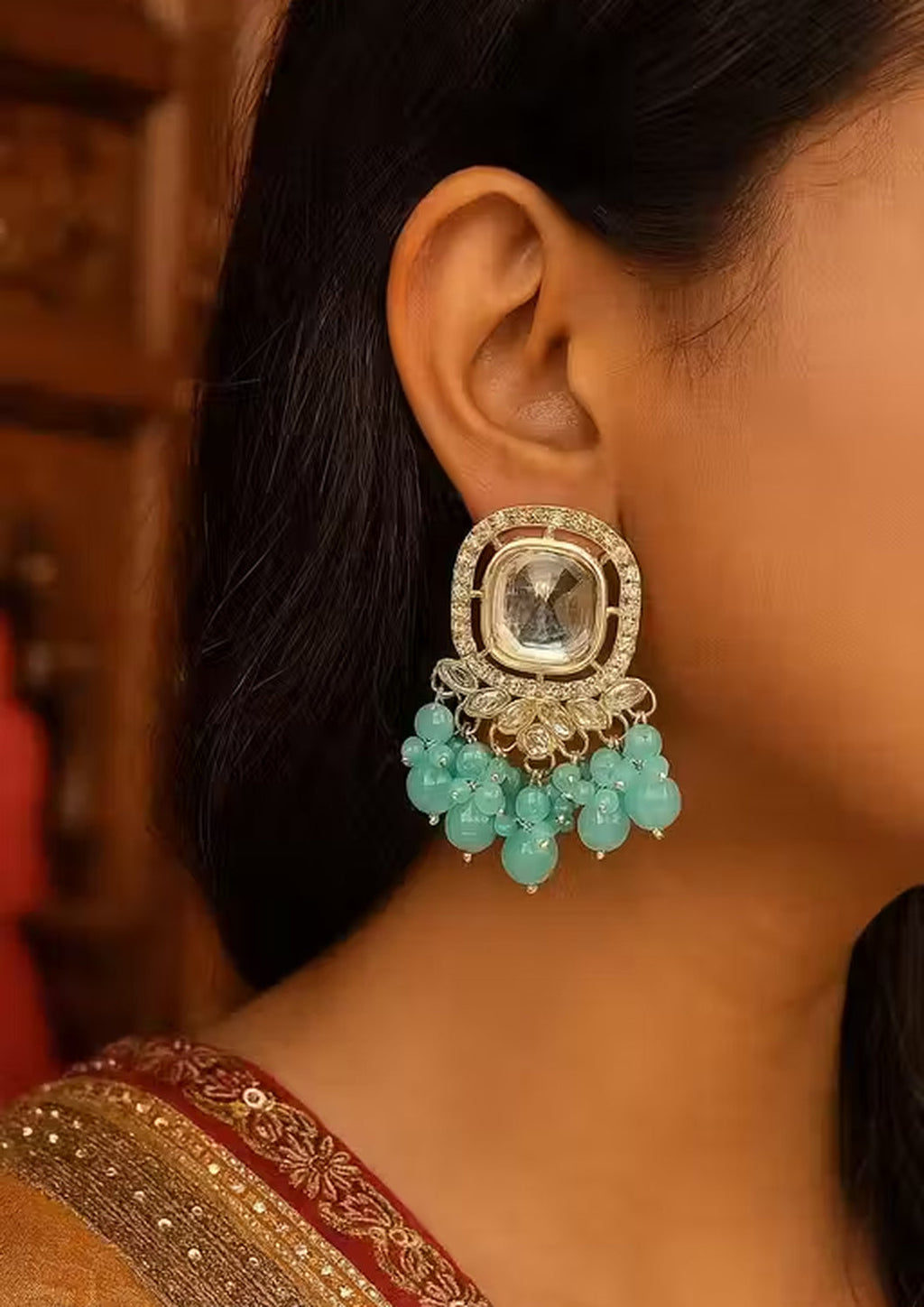 Jewel City Traditional Gold-Plated Kundan Earrings with Blue Beads – Handcrafted Ethnic Dangler Jewelry – Wedding & Party Wear - Distacart