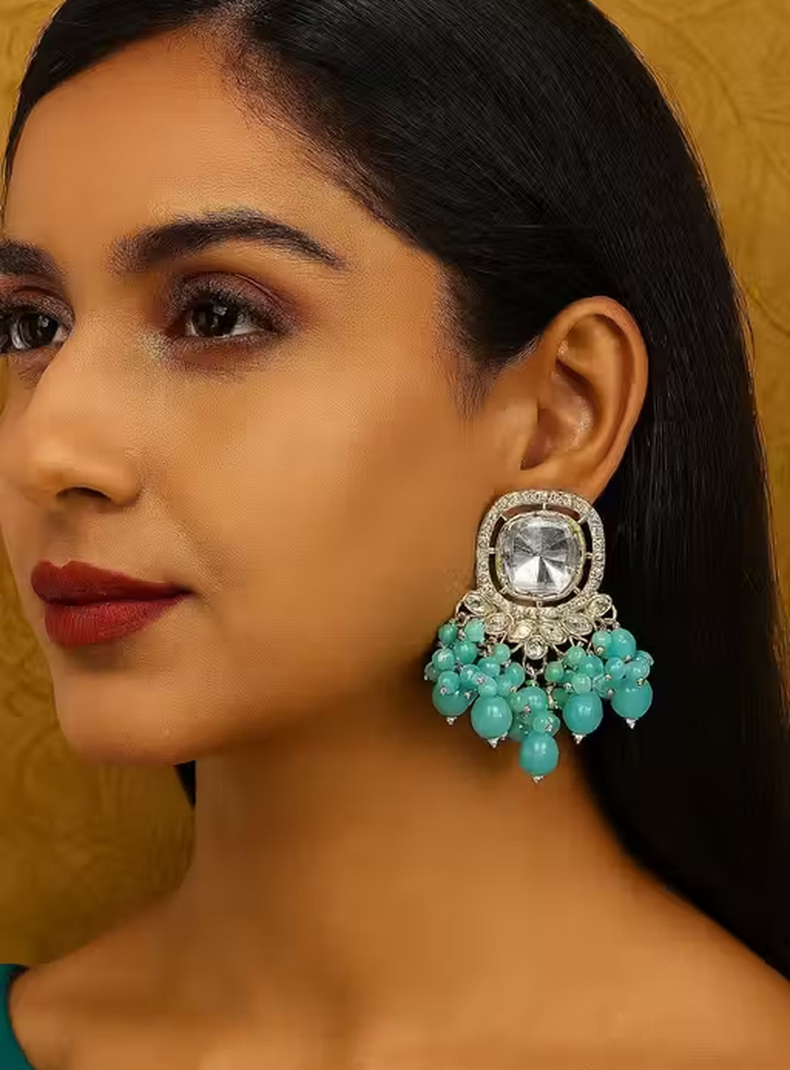 Jewel City Traditional Gold-Plated Kundan Earrings with Blue Beads – Handcrafted Ethnic Dangler Jewelry – Wedding & Party Wear - Distacart