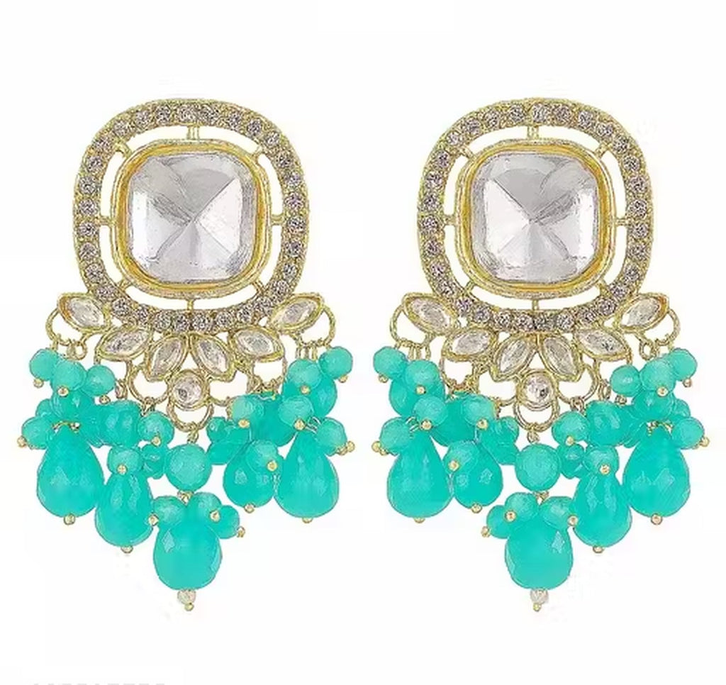 Jewel City Traditional Gold-Plated Kundan Earrings with Blue Beads – Handcrafted Ethnic Dangler Jewelry – Wedding & Party Wear - Distacart