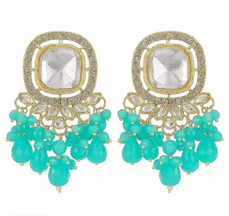 Jewel City Traditional Gold-Plated Kundan Earrings with Blue Beads – Handcrafted Ethnic Dangler Jewelry – Wedding & Party Wear