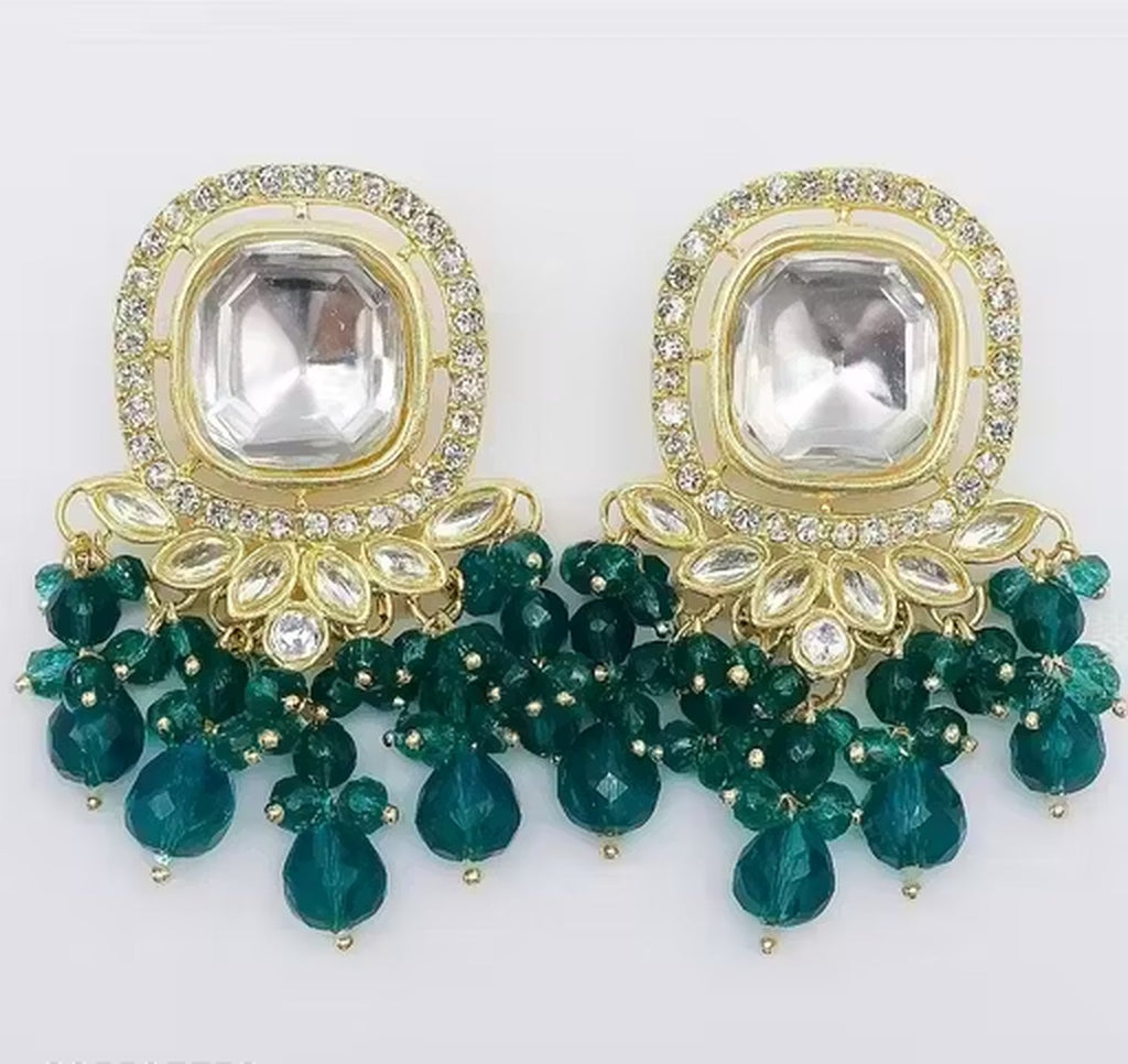 Jewel City Traditional Gold-Plated Kundan Earrings with Blue Beads – Handcrafted Ethnic Dangler Jewelry – Wedding & Party Wear - Distacart