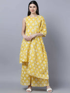 Myshka Women Yellow Floral Pure Cotton Kurti with Palazzos With Dupatta - Distacart