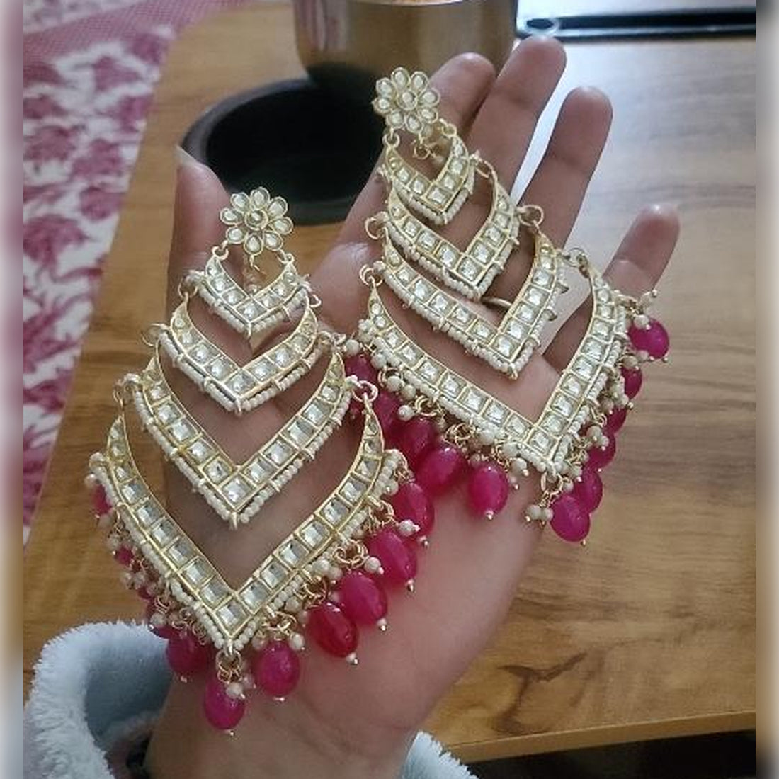 Jewel City Elegant Layered Kundan Pearl Earrings - Handcrafted Multi-Tier Chandbali Jhumkas - Bridal Wedding Statement Jewelry - Distacart