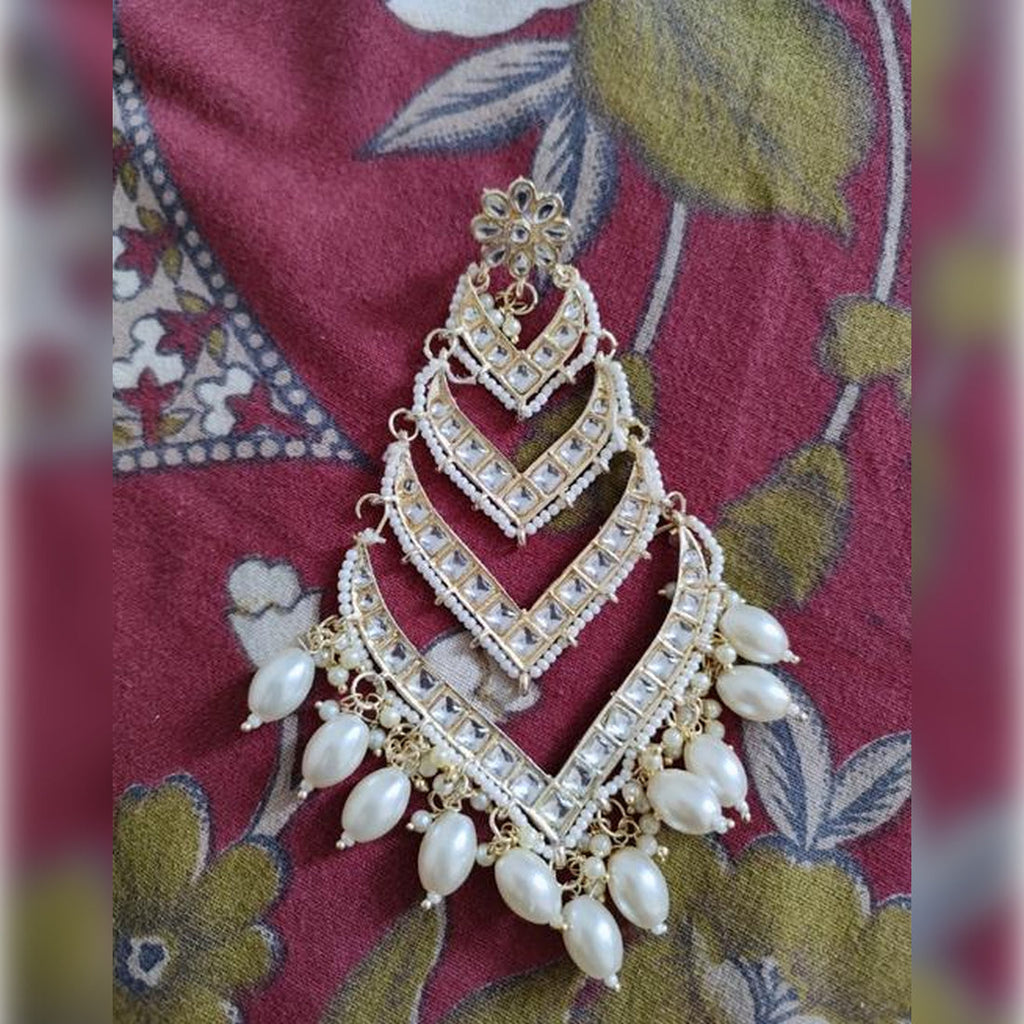 Jewel City Elegant Layered Kundan Pearl Earrings - Handcrafted Multi-Tier Chandbali Jhumkas - Bridal Wedding Statement Jewelry - Distacart