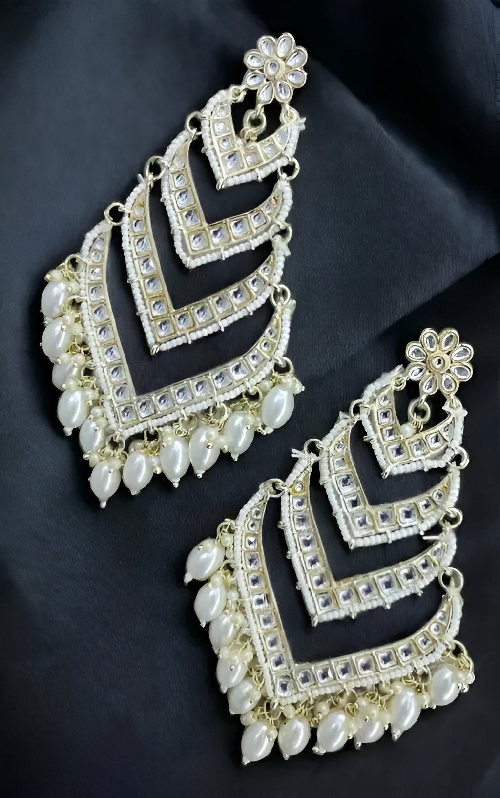 Jewel City Elegant Layered Kundan Pearl Earrings - Handcrafted Multi-Tier Chandbali Jhumkas - Bridal Wedding Statement Jewelry - Distacart