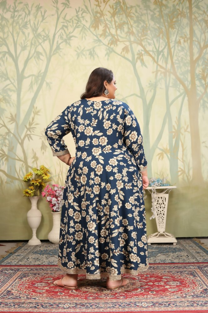 Jyoti Fashion Women's Navy Blue Rayon Floral Print with Sequins Designer Anarkali Set