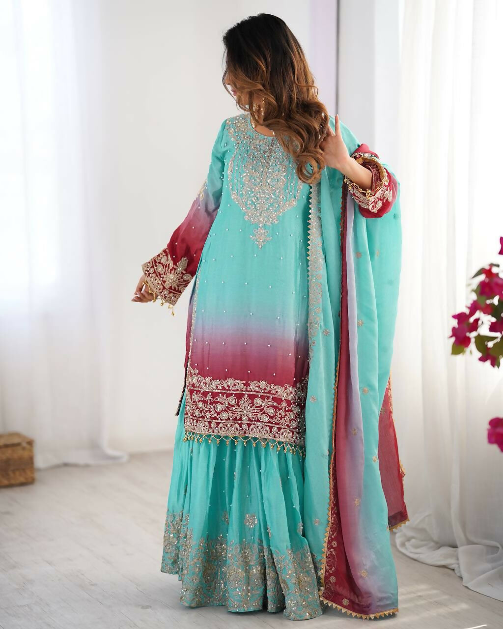 The52 Women's Beautiful Chinon silk Fabric Embroidery Work Straight Kurta Palazzo and Dupatta Set - Distacart