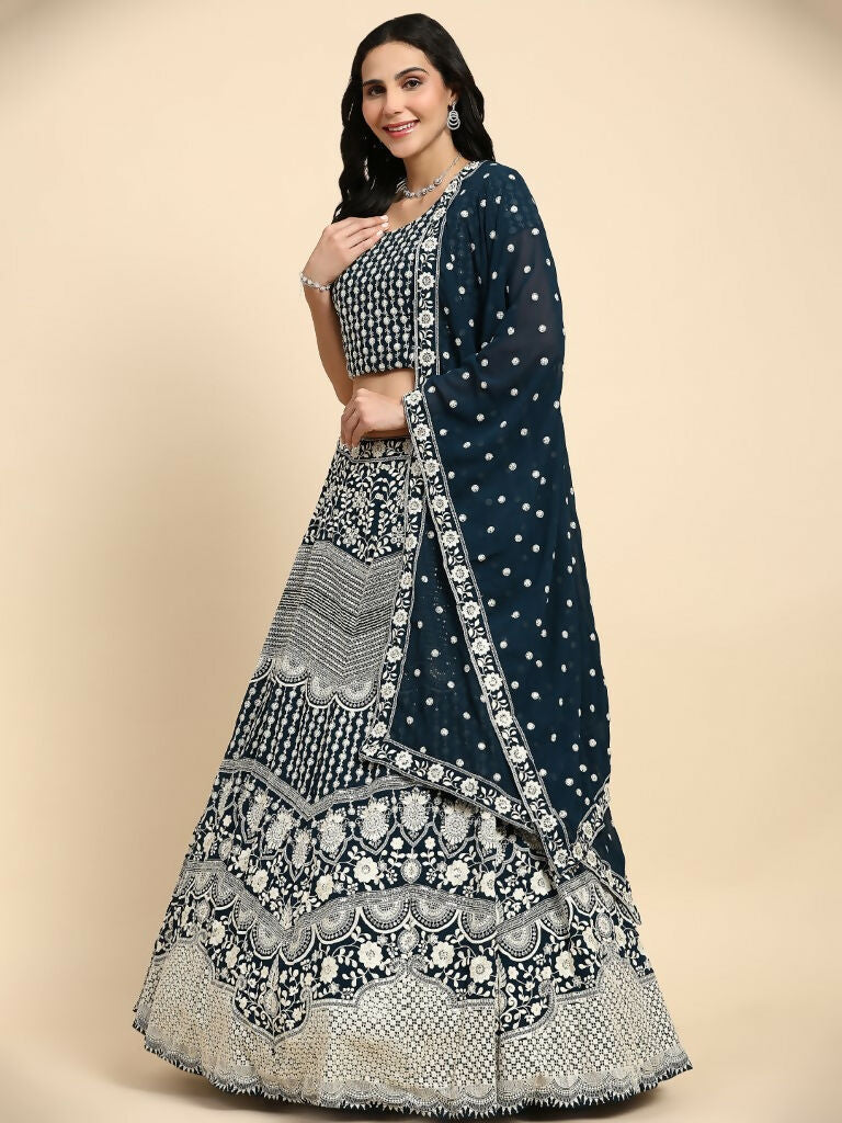 Blue Georgette Thread Embroidered Lehenga Choli with Dupatta - Tanya