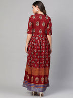 Myshka Maroon & Golden Ethnic Motifs Printed Cotton Maxi Dress - Distacart