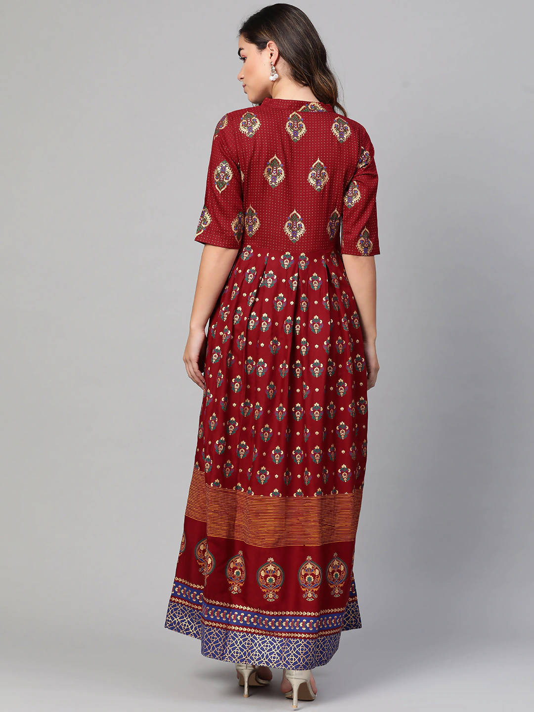 Myshka Maroon & Golden Ethnic Motifs Printed Cotton Maxi Dress - Distacart