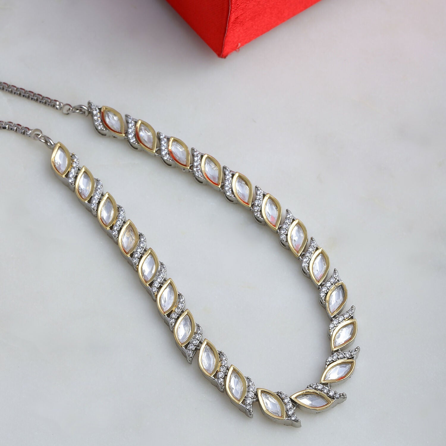 Leaf Shaped Neckpiece in Dual Tone Kundan and American Diamonds (Silver) - Ruby Raang