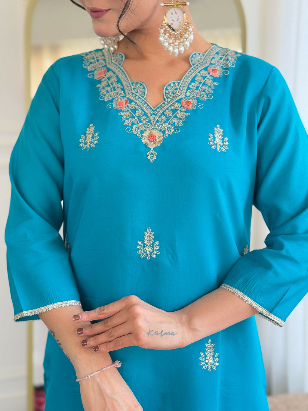 The52 Blue Women's Gorgeous Viscose Fabric Embroidered Work Straight Kurta, Pant and Dupatta Set - Distacart