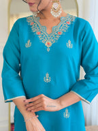 The52 Blue Women's Gorgeous Viscose Fabric Embroidered Work Straight Kurta, Pant and Dupatta Set - Distacart