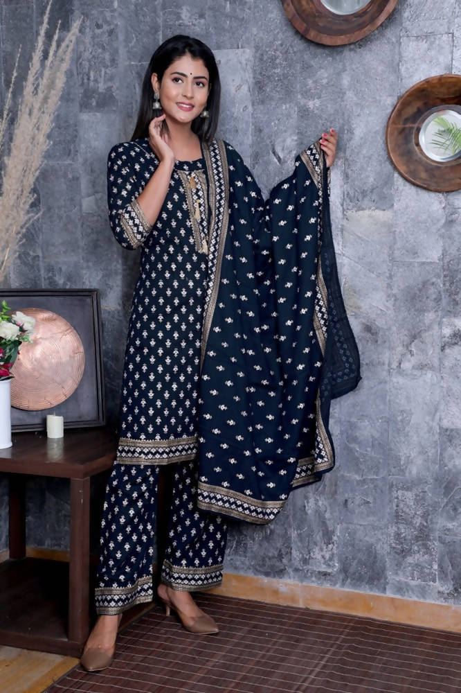 Vamika Navy Blue Gota Patti Work Rayon Party And Casual Wear Kurta Set