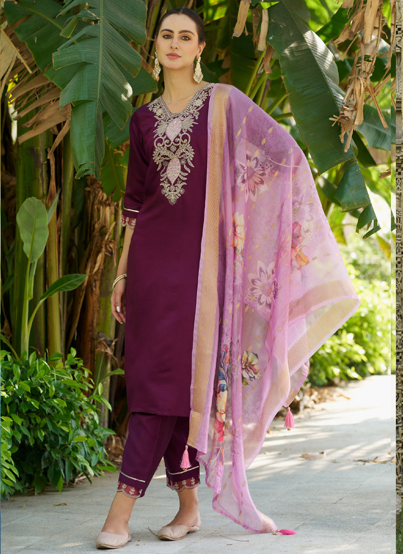 Vegaa Fashion Wine Viscose Rayon Embroidered Salwar Suit - Distacart