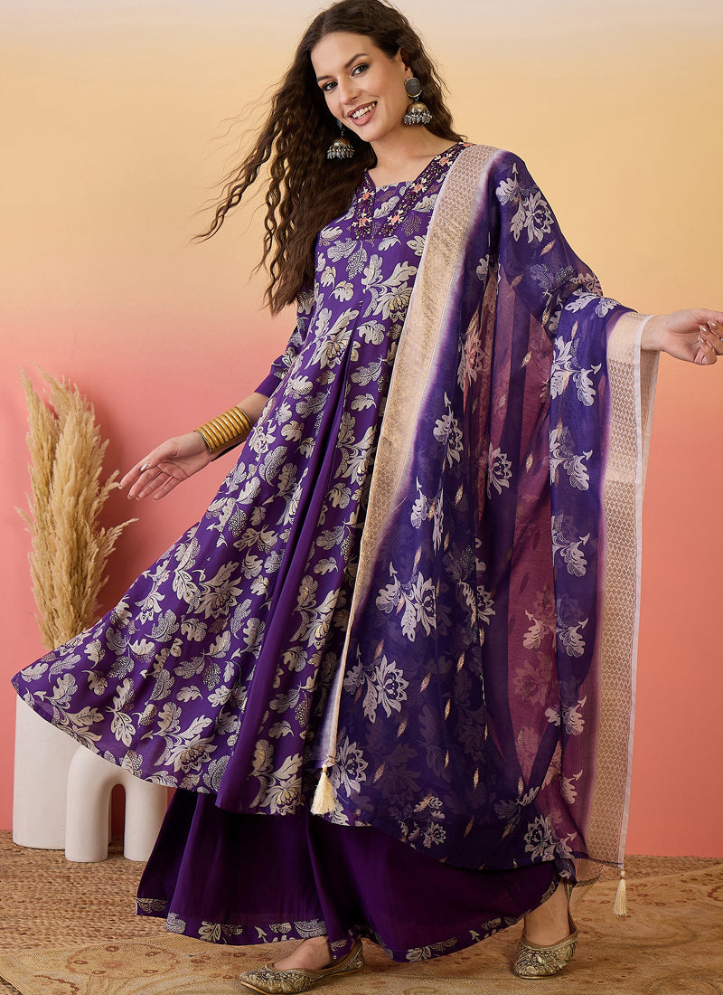 Vegaa Fashion Violet Roman Silk Embroidered Palazzo Suit