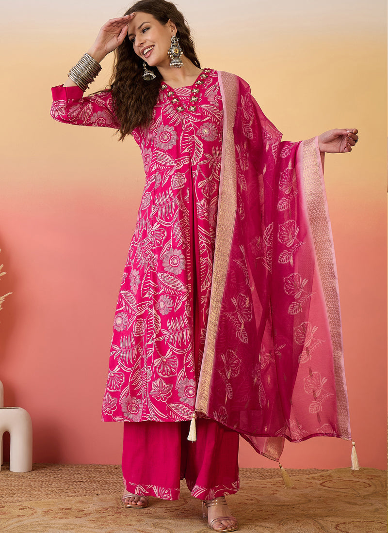 Vegaa Fashion Rani Pink Roman Silk Embroidered Palazzo Suit