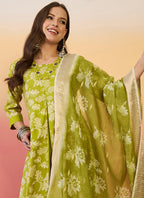 Vegaa Fashion Parrot Green Roman Silk Embroidered Palazzo Suit