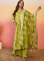 Vegaa Fashion Parrot Green Roman Silk Embroidered Palazzo Suit