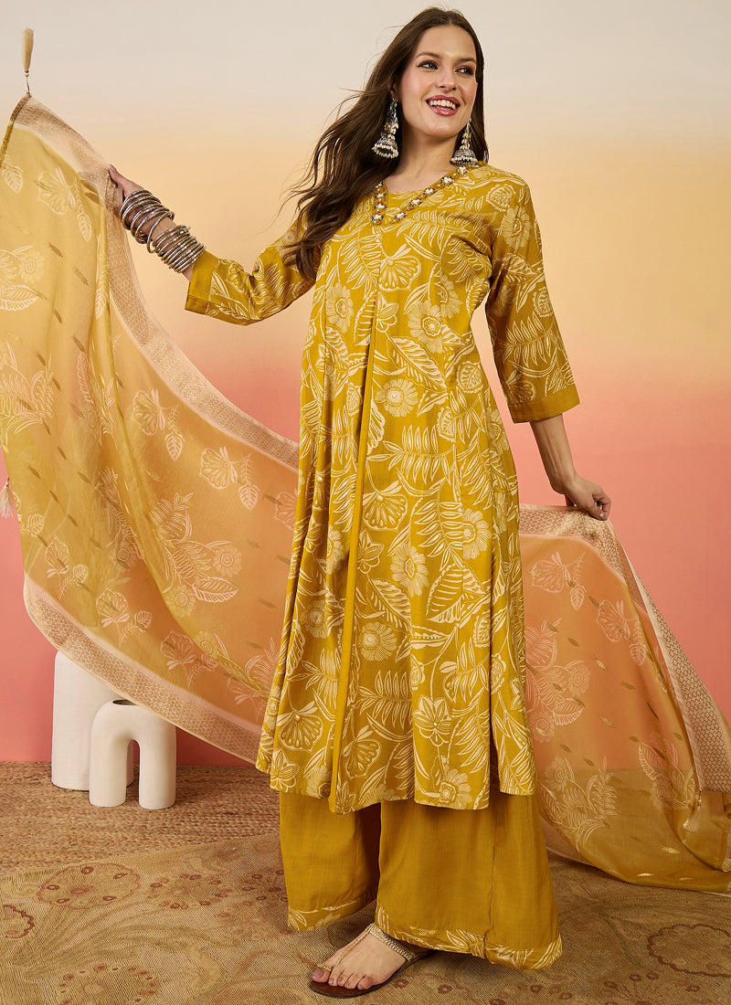 Vegaa Fashion Yellow Roman Silk Embroidered Palazzo Suit