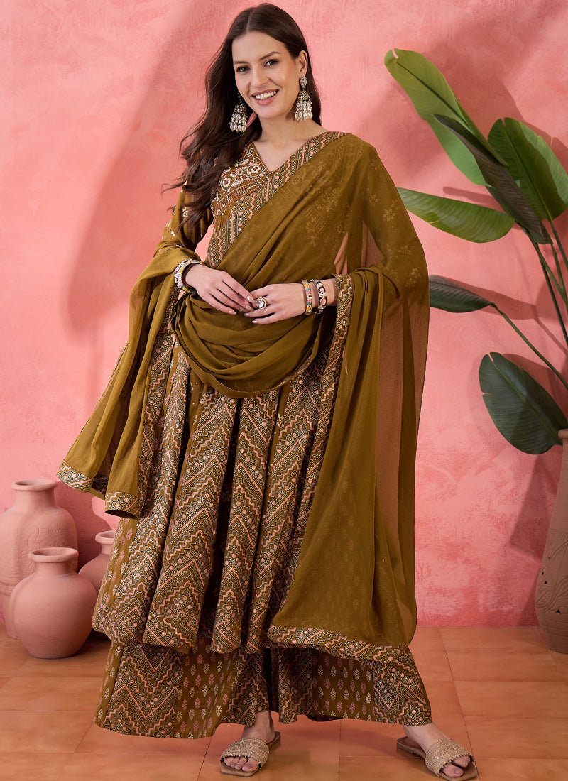 Vegaa Fashion Mustard Roman Silk Embroidered Palazzo Suit