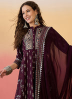 Vegaa Fashion Wine Roman Silk Embroidered Palazzo Suit