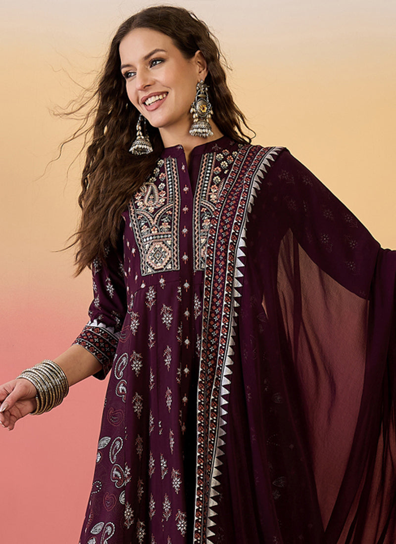 Vegaa Fashion Wine Roman Silk Embroidered Palazzo Suit