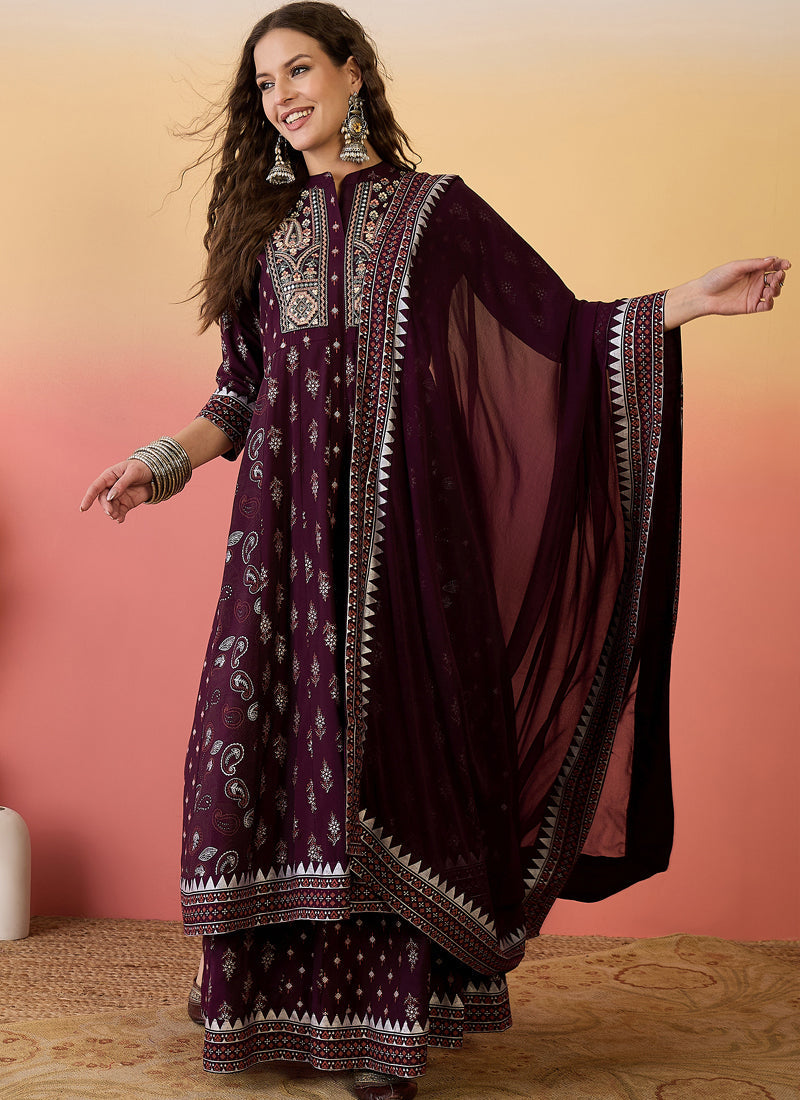 Vegaa Fashion Wine Roman Silk Embroidered Palazzo Suit