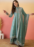 Vegaa Fashion Light Teal Green Roman Silk Embroidered Palazzo Suit