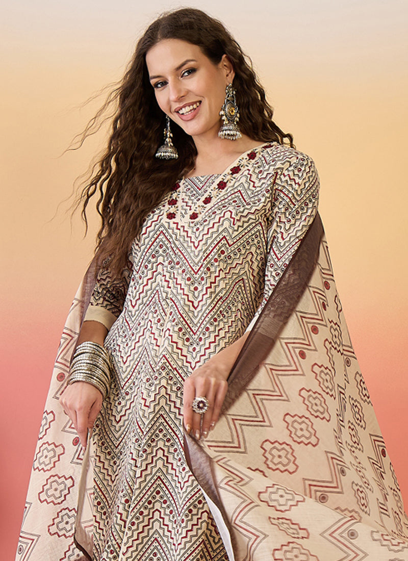 Vegaa Fashion Cream Roman Silk Embroidered Palazzo Suit